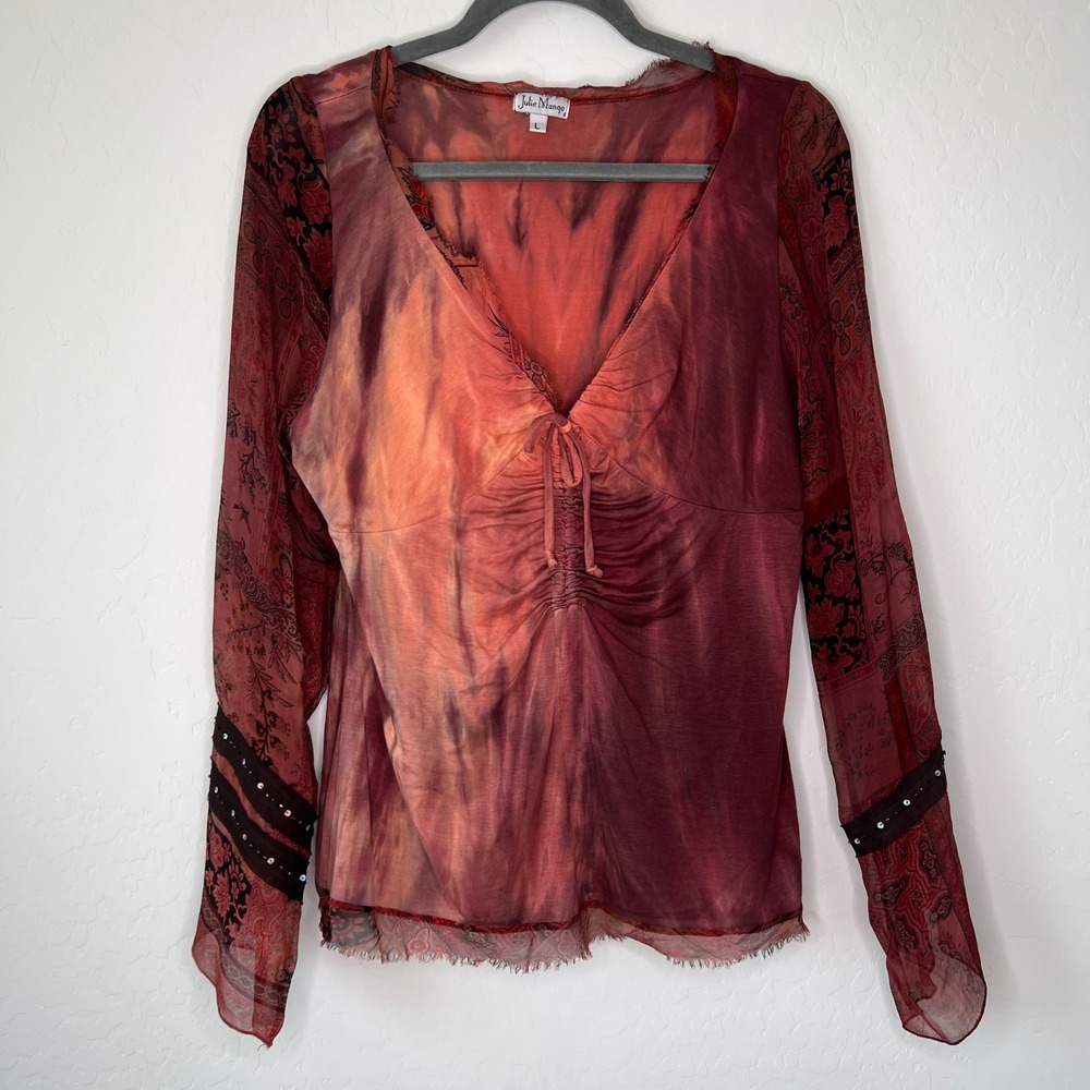 Julie Mango Tie Dye Top Womens Large‎ Red Silk Sleeve Ruched Beaded V-Neck